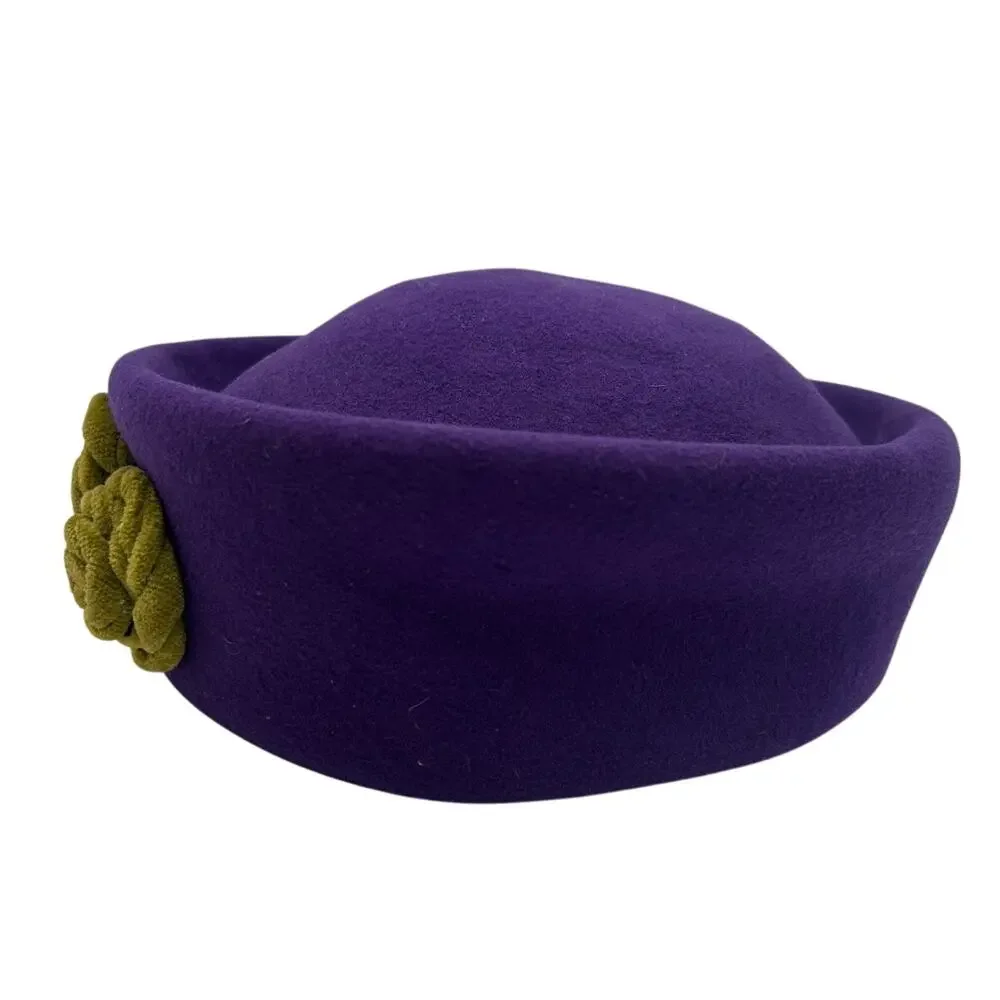 Vintage 80s Purple Wool Felt Pillbox Hat Olive Velvet Rosette Flowers 56cm Sz M - Picture 2 of 13